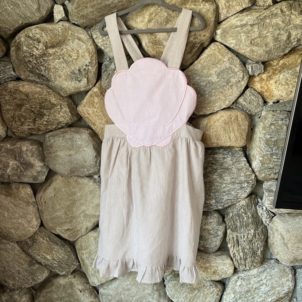 Stitchy Fish Pink Seashell Shell Striped Dress Size 7 EUC, Cross Straps In Back‎